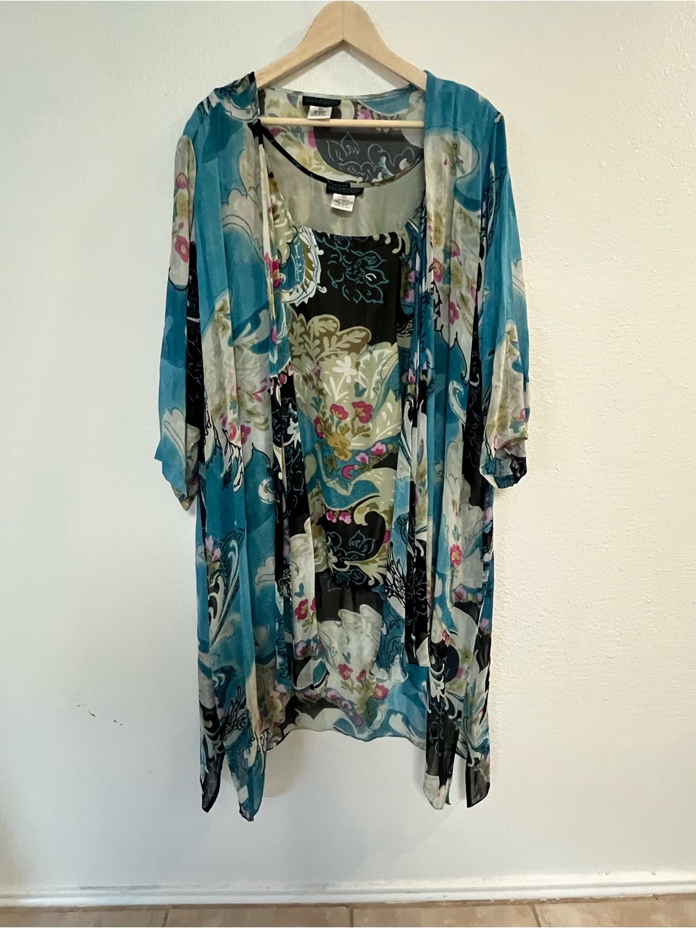 Sheer Teal Floral Duster Kimono two piece vacation cruise summer